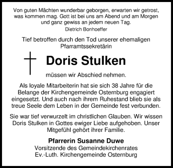 Traueranzeige von Doris Stulken von Nordwest-Zeitung