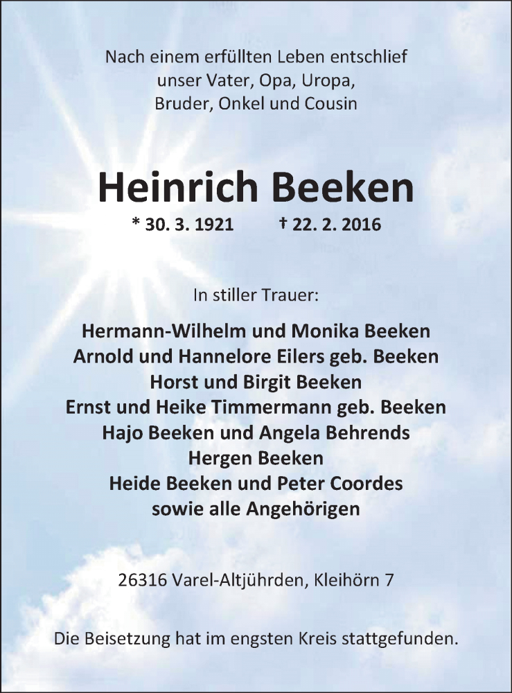  Traueranzeige für Heinrich Beeken vom 27.02.2016 aus Nordwest-Zeitung