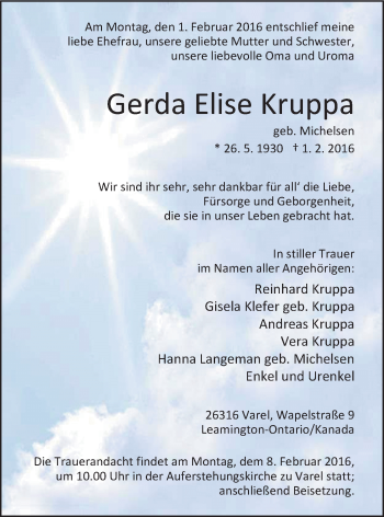 Traueranzeige von Gerda Elise Kruppa von Nordwest-Zeitung