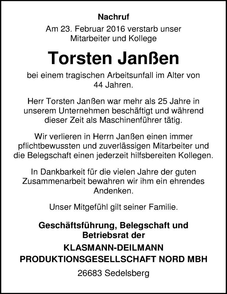  Traueranzeige für Torsten Janßen vom 27.02.2016 aus Nordwest-Zeitung