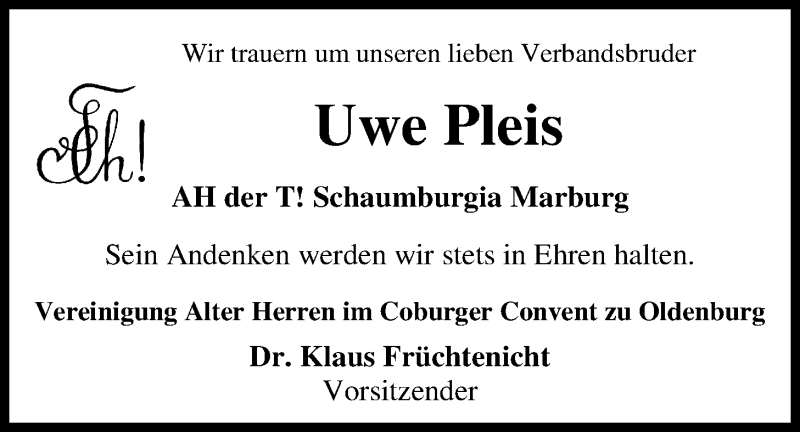  Traueranzeige für Uwe Tees Pleis vom 17.02.2016 aus Nordwest-Zeitung