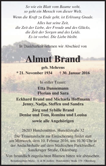 Traueranzeige von Almut Brand von Nordwest-Zeitung
