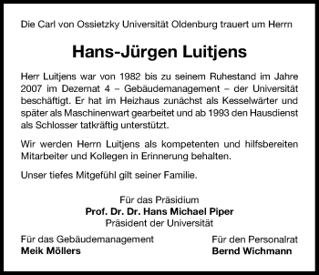 Traueranzeige von Hans-Jürgen Luitjens von Nordwest-Zeitung