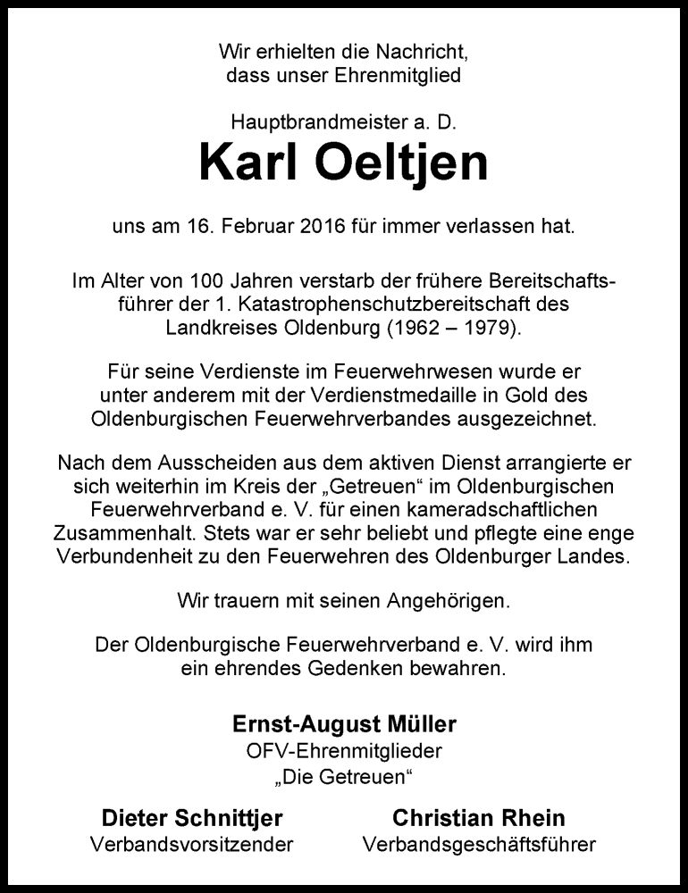  Traueranzeige für Karl Oeltjen vom 19.02.2016 aus Nordwest-Zeitung