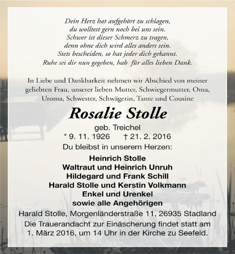  Traueranzeige für Rosalie Stolle vom 24.02.2016 aus Nordwest-Zeitung