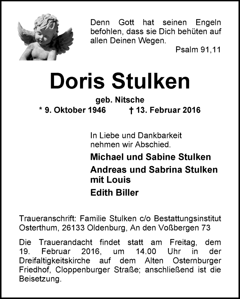  Traueranzeige für Doris Stulken vom 17.02.2016 aus Nordwest-Zeitung