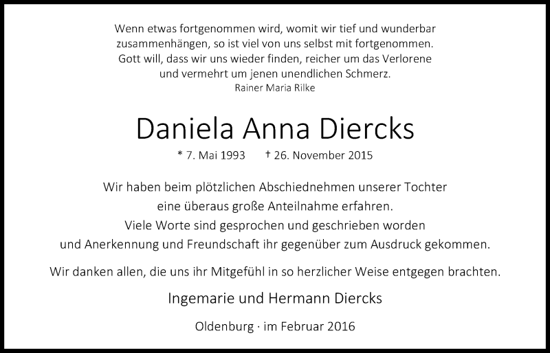  Traueranzeige für Daniela Anna Diercks vom 13.02.2016 aus Nordwest-Zeitung