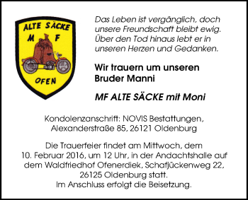 Traueranzeige von Manfred Fank von Nordwest-Zeitung