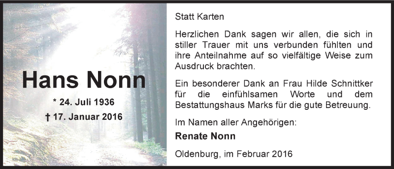  Traueranzeige für Hans Nonn vom 19.02.2016 aus Nordwest-Zeitung