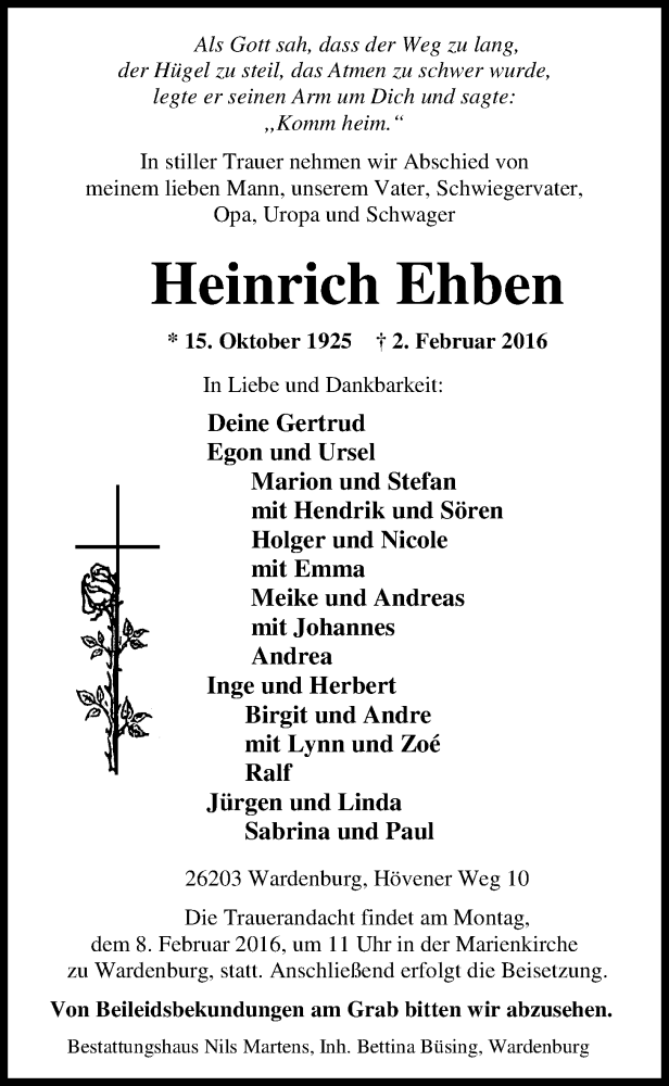  Traueranzeige für Heinrich Ehben vom 04.02.2016 aus Nordwest-Zeitung