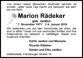 Traueranzeige von Marion Rädeker von Nordwest-Zeitung