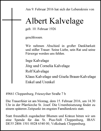 Traueranzeige von Albert Kalvelage von Nordwest-Zeitung