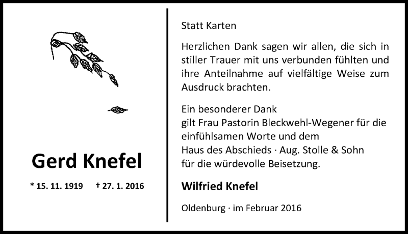  Traueranzeige für Gerd Knefel vom 27.02.2016 aus Nordwest-Zeitung