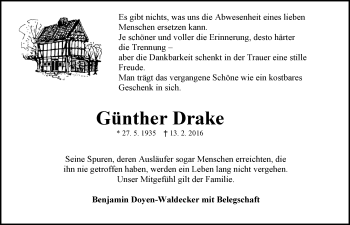 Traueranzeige von Günther Drake von Nordwest-Zeitung