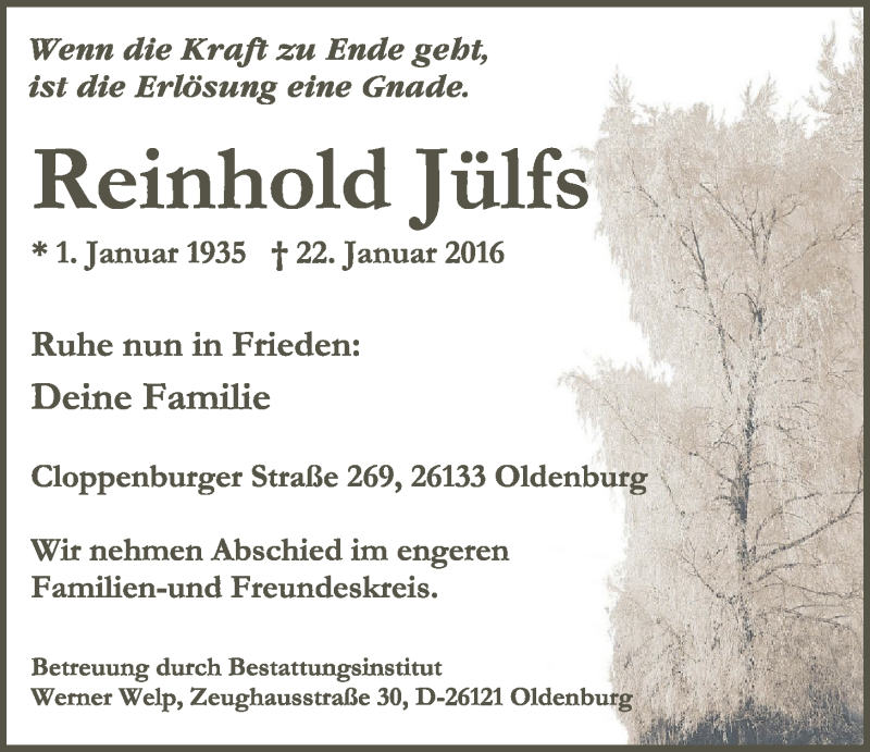  Traueranzeige für Reinhold Jülfs vom 11.02.2016 aus Nordwest-Zeitung