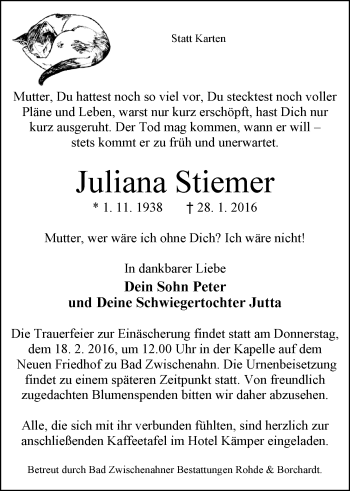 Traueranzeige von Juliana Stiemer von Nordwest-Zeitung