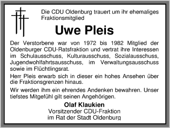 Traueranzeige von Uwe Tees Pleis von Nordwest-Zeitung