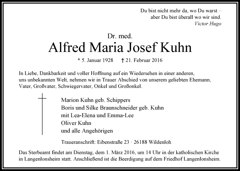 Traueranzeigen von Alfred Maria Josef Kuhn | nordwest-trauer.de