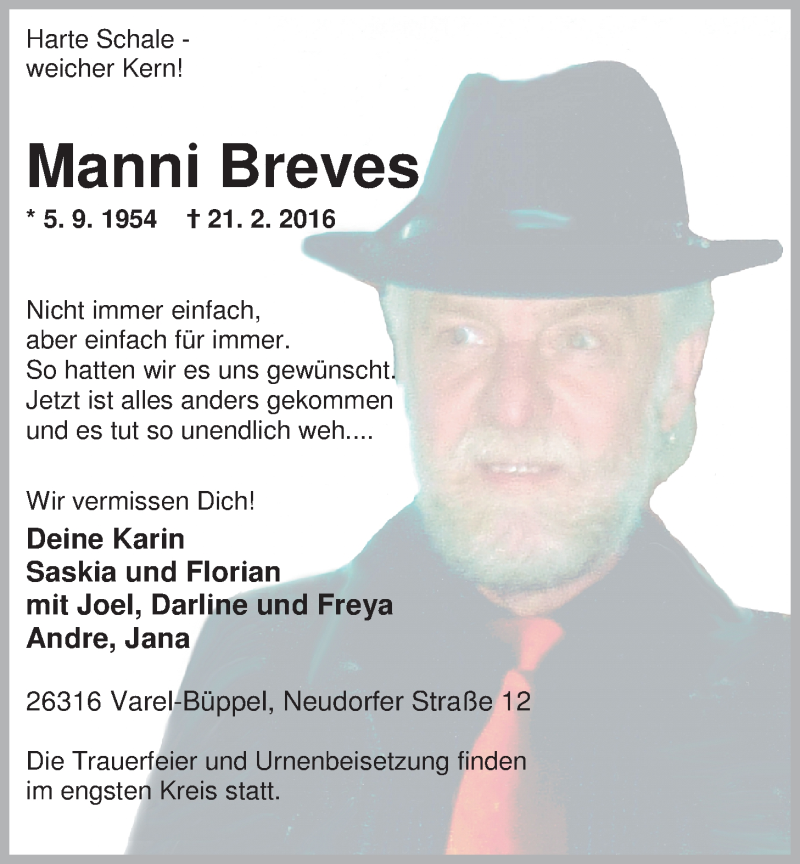  Traueranzeige für Manni Breves vom 27.02.2016 aus Nordwest-Zeitung
