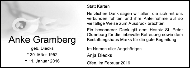  Traueranzeige für Anke Gramberg vom 27.02.2016 aus Nordwest-Zeitung