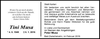 Traueranzeige von Tini Musa von Nordwest-Zeitung