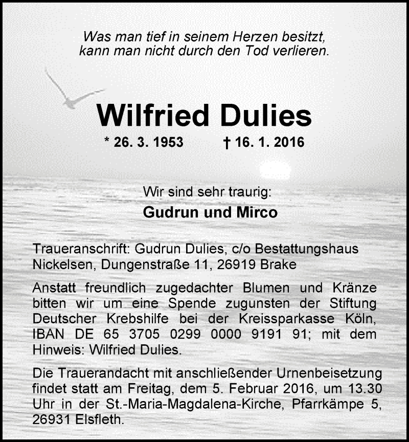 Traueranzeige für Wilfried Dulies vom 01.02.2016 aus Nordwest-Zeitung