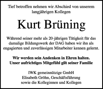 Traueranzeige von Kurt Brüning von Nordwest-Zeitung