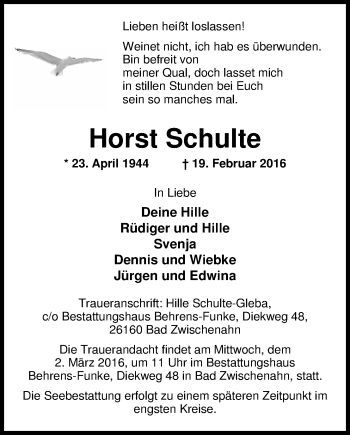 Traueranzeige von Horst Schulte von Nordwest-Zeitung