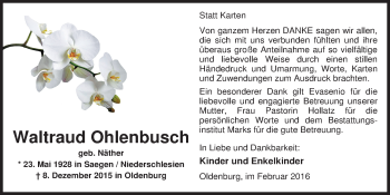 Traueranzeige von Waltraud Ohlenbusch von Nordwest-Zeitung