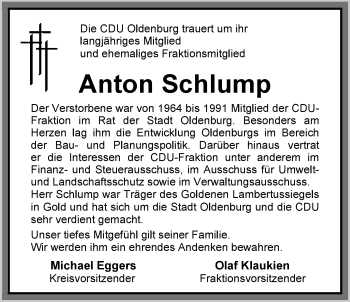 Traueranzeige von Anton Schlump von Nordwest-Zeitung