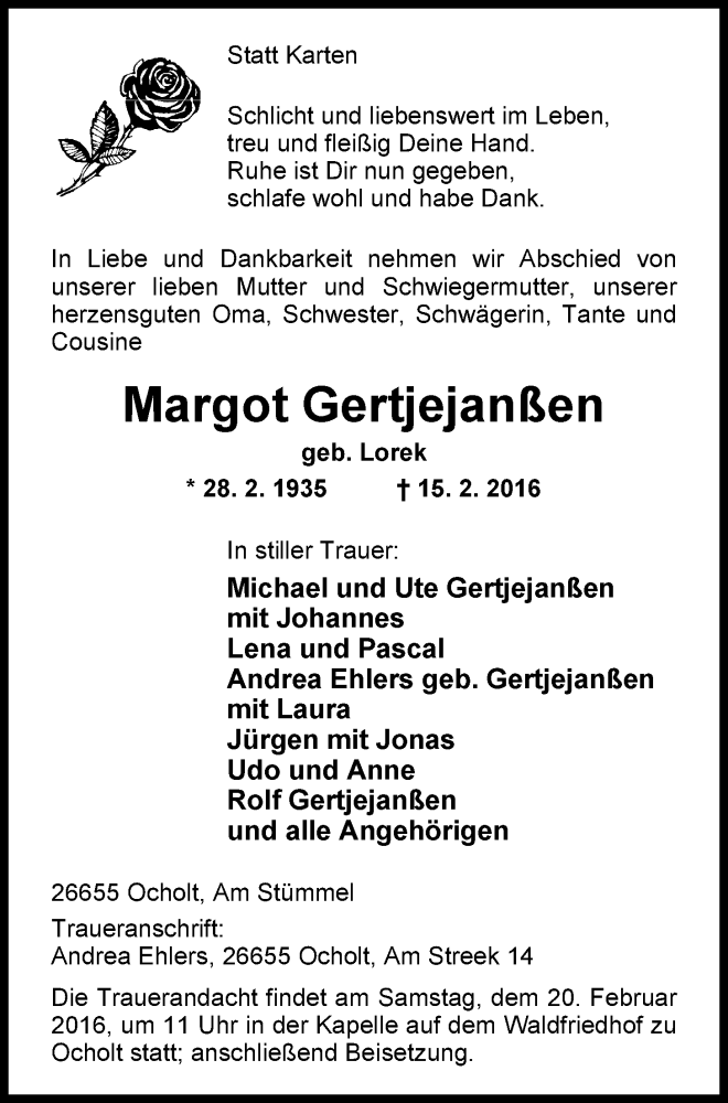 Traueranzeige für Margot Gertjejanßen vom 18.02.2016 aus Nordwest-Zeitung