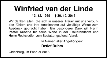 Traueranzeige von Winfried van der Linde von Nordwest-Zeitung