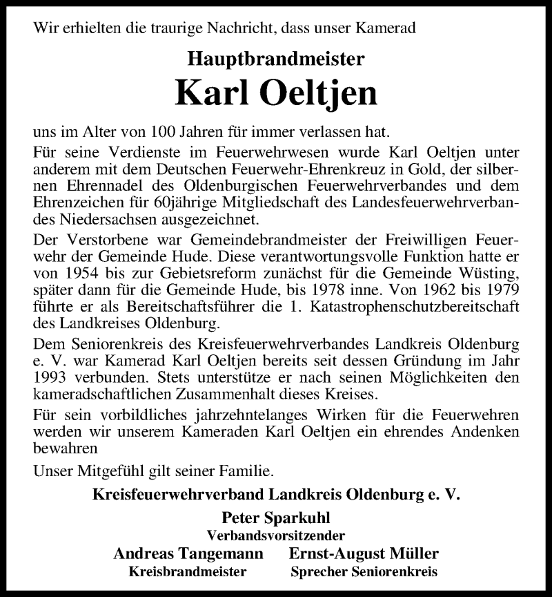  Traueranzeige für Karl Oeltjen vom 20.02.2016 aus Nordwest-Zeitung