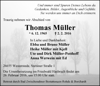 Traueranzeige von Thomas Müller von Nordwest-Zeitung