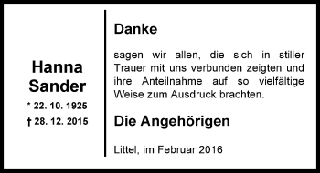 Traueranzeige von Hanna Sander von Nordwest-Zeitung