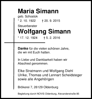 Traueranzeige von Maria Simann von Nordwest-Zeitung