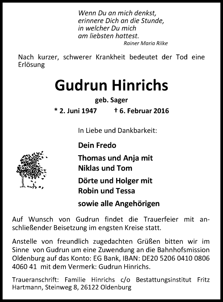  Traueranzeige für Gudrun Hinrichs vom 09.02.2016 aus Nordwest-Zeitung