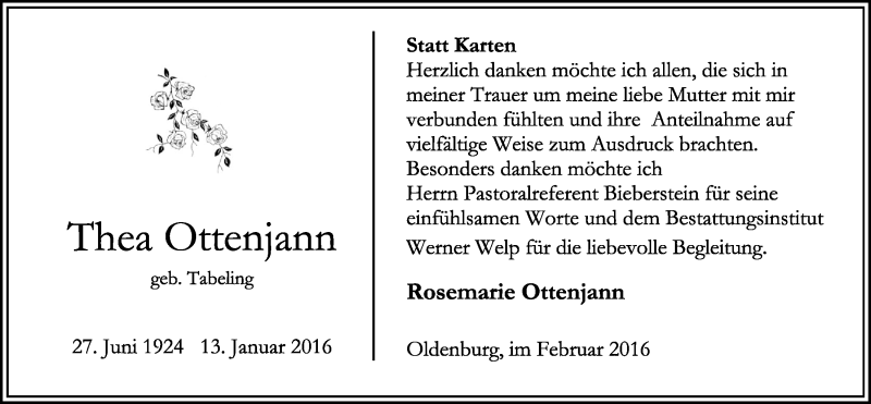  Traueranzeige für Thea Ottenjann vom 20.02.2016 aus Nordwest-Zeitung