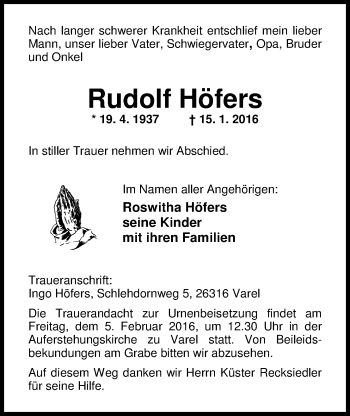 Traueranzeige von Rudolf Höfers von Nordwest-Zeitung