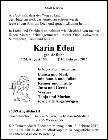 Traueranzeige von Karin Eden von Nordwest-Zeitung