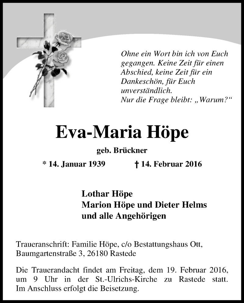  Traueranzeige für Eva-Maria Höpe vom 17.02.2016 aus Nordwest-Zeitung