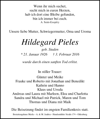 Traueranzeige von Hildegard Pieles von Nordwest-Zeitung