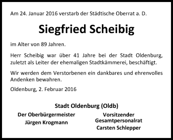Traueranzeige von Siegfried Scheibig von Nordwest-Zeitung
