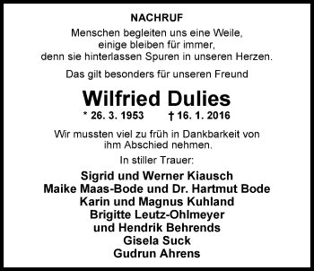 Traueranzeige von Wilfried Dulies von Nordwest-Zeitung