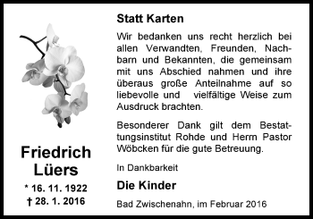 Traueranzeige von Friedrich Lüers von Nordwest-Zeitung