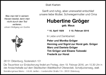 Traueranzeige von Hubertine Gröger von Nordwest-Zeitung