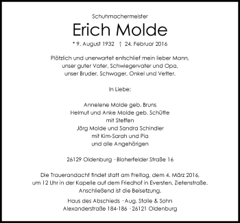 Traueranzeige von Erich Molde von Nordwest-Zeitung