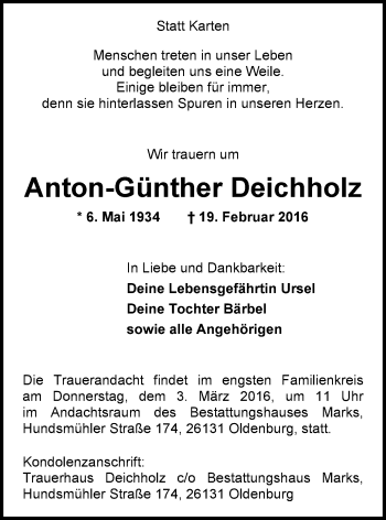 Traueranzeige von Anton-Günther Deichholz von Nordwest-Zeitung