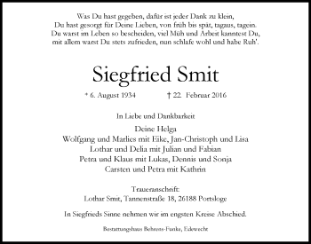 Traueranzeige von Siegfried Smit von Nordwest-Zeitung