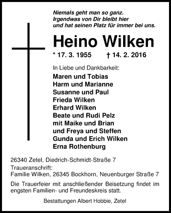 Traueranzeige von Heino Wilken von Nordwest-Zeitung